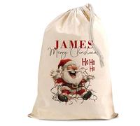 Personalised Custom Made Santa Christmas Natural Cotton Sack Bag Extra Large with Drawstring for Xmas Holiday Presents - for Kids & Adults - XL 50x75 cm - Santa Light