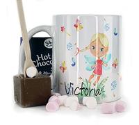 Personalised Custom Name Mug with Dandelion Hill Fairy Design, Belgian Milk Chocolate/Hot Chocolate Stirrer Marshmallow Gift Set, 11oz, White, Yellow, Blue, Black, Pink