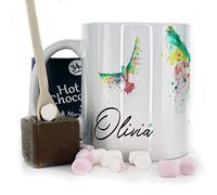 Personalised Custom Name Mug with Rainbow Bird Design, Belgian Milk Chocolate & Marshmallow Hot Chocolate Stirrer Gift Set, 11oz, White, Yellow, Blue, Black, Pink