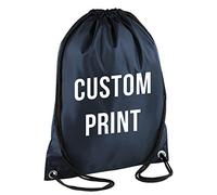 PERSONALISED CUSTOM PRINT - Drawstring Backpack Waterproof Bag Gym PE DUFFLE School Uniform Sack (Navy Blue)