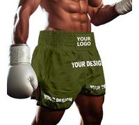Personalised Custom Text Muay Thai Shorts Boxing MMA BJJ Training Fight Trunks for Men Women Kids Lightweight Anti-Tear Fabric with Adjustable Waist Dark Green