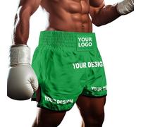 Personalised Custom Text Muay Thai Shorts Boxing MMA BJJ Training Fight Trunks for Men Women Kids Lightweight Anti-Tear Fabric with Adjustable Waist Green