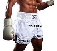 Personalised Custom Text Muay Thai Shorts Boxing MMA BJJ Training Fight Trunks for Men Women Kids Lightweight Anti-Tear Fabric with Adjustable Waist White