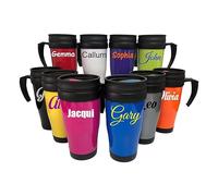 Personalised Custom Travel Mug Drink Bottle with Screw Lid and Slide Sipper and handle - Any Name, Word, Business, Sports, School, Promotional Merchandise Teacher Gift