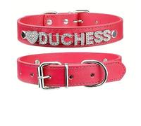 Personalised Customized Love Letter Diamond Faux Leather Collar Exclusive To Your Beloved Pet 1-7 Letters Custom Name ID Tag (Red,L)