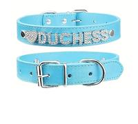 Personalised Customized Love Letter Diamond Faux Leather Collar Exclusive To Your Beloved Pet 1-7 Letters Custom Name ID Tag (Light Blue,L)