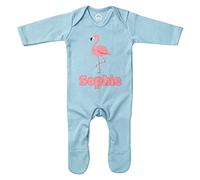 Personalised Cute Baby Flamingo Romper Suit, Flamingo Gifts for Babies, Birthday for Baby Boy or Girl, 3-6 Months, Light Blue