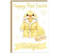 Personalised Cute First Easter Card for Baby - Custom Name Bunny Robe Slippers Egg Design - Happy First Easter Toddler Boy Girl Greetings Card Chocolate Alternative For Easter (Yellow)