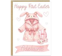 Personalised Cute First Easter Card for Baby - Custom Name Bunny Robe Slippers Egg Design - Happy First Easter Toddler Boy Girl Greetings Card Chocolate Alternative For Easter (Pink)