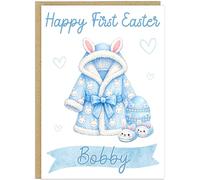 Personalised Cute First Easter Card for Baby - Custom Name Bunny Robe Slippers Egg Design - Happy First Easter Toddler Boy Girl Greetings Card Chocolate Alternative For Easter (Blue)