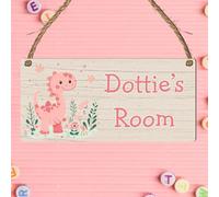 Personalised Cute Girly Dinosaur Plaque for Kids Bedroom Decor MDF Wood Sign Custom Name Gift for Birthday Thoughtful Dino Wall Decoration Keepsake (Baby Pink)