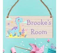 Personalised Cute Girly Dinosaur Plaque for Kids Bedroom Decor MDF Wood Sign Custom Name Gift for Birthday Thoughtful Dino Wall Decoration Keepsake (Pastel)