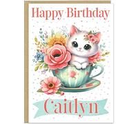 Personalised Cute Kitten in Teacup Happy Birthday Card for Her - Add Own Custom Name - 14 Adorable Designs For Mum Nanny Grandma Friends - Birthday Greetings Card (Design 14)