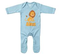 Personalised Cute Lion Romper Suit, Lion Gifts for Babies, Safari and Zoo Birthday for Baby Boy or Girl, 3-6 Months, Light Blue