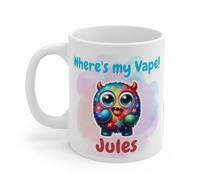Personalised Cute Monster Coffee Mug, White Ceramic, Colorful Fantasy Character Design, Where's My Vape Quote. Secret Santa.