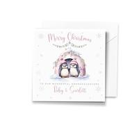 Personalised Cute Pink Penguins & Igloo Christmas Card for Granddaughter, Grandchildren - Keepsake Xmas Card for Daughter, Niece, Children - Change Wording