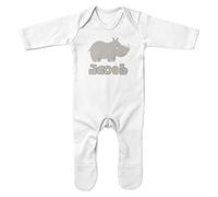 Personalised Cute Rhino Romper Suit, Rhino Gifts for Babies, Safari and Zoo Birthday for Baby Boy or Girl, 0-3 Months, White