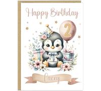 Personalised Cute Watercolour Animal Birthday Cards for Kids - Custom Name Any Age Boys Girls - 13 Cute Designs - A5 Premium 1st 2nd 3rd Children's Birthday Greeting Cards (Penguin)
