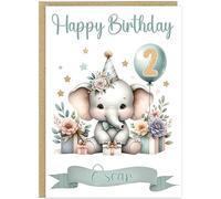 Personalised Cute Watercolour Animal Birthday Cards for Kids - Custom Name Any Age Boys Girls - 13 Cute Designs - A5 Premium 1st 2nd 3rd Children's Birthday Greeting Cards (Elephant)