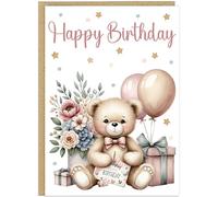 Personalised Cute Watercolour Animal Birthday Cards for Kids - Custom Name Any Age Boys Girls - 13 Cute Designs - A5 Premium 1st 2nd 3rd Children's Birthday Greeting Cards (Girl Teddy - No Name)