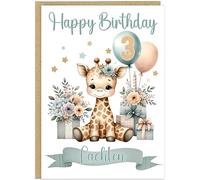 Personalised Cute Watercolour Animal Birthday Cards for Kids - Custom Name Any Age Boys Girls - 13 Cute Designs - A5 Premium 1st 2nd 3rd Children's Birthday Greeting Cards (Giraffe)