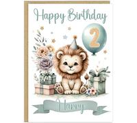 Personalised Cute Watercolour Animal Birthday Cards for Kids - Custom Name Any Age Boys Girls - 13 Cute Designs - A5 Premium 1st 2nd 3rd Children's Birthday Greeting Cards (Lion)