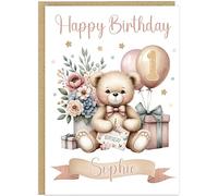 Personalised Cute Watercolour Animal Birthday Cards for Kids - Custom Name Any Age Boys Girls - 13 Cute Designs - A5 Premium 1st 2nd 3rd Children's Birthday Greeting Cards (Girl Teddy)