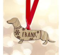 Personalised Dachshund Dog Christmas Tree Bauble Decoration, Wearing a Dog Jumper Design with Snowflakes, Customised Puppy Hanging Ornament, Oak Veneer Wood with Red Ribbon