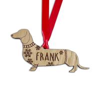 Personalised Dachshund Dog Christmas Tree Bauble, Jumper with Snowflakes Design, Oak Veneer Wood or White Wood Decoration with Red Ribbon (Oak Veneer, Decoration with Gift Box)