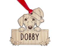Personalised Dachshund Dog Christmas Tree Bauble, Peeking Design, 9.5W x 9H cm, Oak Veneer Wood Decoration with Red Ribbon (Decoration Only)
