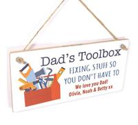 Personalised Dad's Toolbox Sign - Custom Name Hanging Plaque - Father's Day from Kids - Birthday or Christmas for Dad - Cute Toolbox Design - 20cm x 10cm