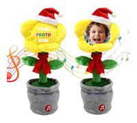 Personalised Dancing Sunflower with Custom Photo, Festive Soft Toy in Flower Pot Wearing Christmas Hat (Yellow)