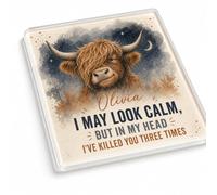 Personalised Dark Humour Highland Cow Single Acrylic Coaster