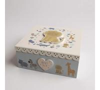 Personalised Decorative Baby Boy Keepsake Box, Safari Animal Design, White and Blue, Wooden with Scalloped Edge, Nursery Decor