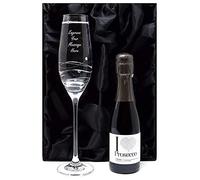 Personalised Diamante Flute Glass & Mini Bottle in Silk Lined Gift Box (Prosecco)