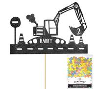 Personalised Digger Excavator Construction Cake Topper- Black Any Custom Age & Name Glitter Cake Decoration and Sprinkles - Happy Birthday Decorations - Personalised Toppers for Cakes by Cakeshop