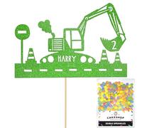Personalised Digger Excavator Construction Cake Topper- Green Any Custom Age & Name Glitter Cake Decoration and Sprinkles - Happy Birthday Decorations - Personalised Toppers for Cakes by Cakeshop