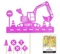 Personalised Digger Excavator Construction Cake Topper- Pink Any Custom Age & Name Glitter Cake Decoration and Sprinkles - Happy Birthday Decorations - Personalised Toppers for Cakes by Cakeshop