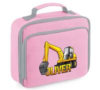 Personalised Digger Lunch Cooler Bag, Boys Back to School Gifts, Custom Bags for Kids Who Love Diggers, Builder Primary or Nuresery Girls Lunch Bags, Childs Lunch Box, 24cm x 20cm x 8cm, Pink
