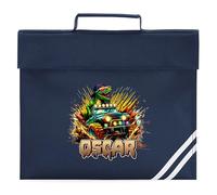 Personalised Dinosaur Book Bag Custom Boys Off Road Truck Design Back to School Nursery Infant Reception Reading Folder, One Size, Navy