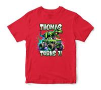 Personalised Dinosaur Boys Birthday T Shirt Custom Name Age Monster Truck Off Road Dino T Rex Kids Tee, 5-6 Years, Red