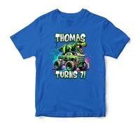 Personalised Dinosaur Boys Birthday T Shirt Custom Name Age Monster Truck Off Road Dino T Rex Kids Tee, 9-11 Years, Royal