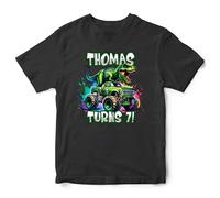Personalised Dinosaur Boys Birthday T Shirt Custom Name Age Monster Truck Off Road Dino T Rex Kids Tee, 7-8 Years, Black