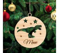 Personalised dinosaur Christmas Tree Decoration, Wooden Tree Ornament, Engraved Pet Name Christmas Bauble Gift Card Insert for Family and Friends