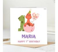 Personalised Dinosaur First Birthday Card, Pink and Green Design, Girls Birthday Card with Name