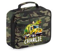 Personalised Dinosaur Truck Lunch Bag for Kids Custom Dino Back to Nursery School Lunchbox, 24cm x 20cm x 8cm, Camo