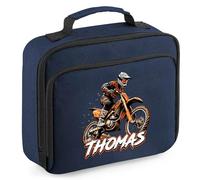 Personalised Dirtbike Lunch Bag for Kids Custom Name Off Road Back to School Nursery Lunchbox, 24cm x 20cm x 8cm, Navy