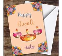 Personalised Diwali Card For Anyone Candles Orange | Custom Greetings Card For Diwali Any Text Inside & Out