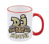 Personalised DJ Music Enthusiasts Any Name Birthday Party Lover Composer 11oz / 15oz Ceramic Mug. (Red Rim & Red Handle Mug)…