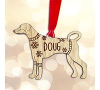 Personalised Doberman Dog Christmas Tree Bauble Decoration, Wearing a Dog Jumper Design with Snowflakes, Customised Puppy Hanging Ornament, Oak Veneer Wood with Red Ribbon